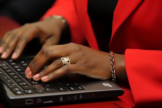 Zbliżenie afroamerykańskiej bizneswoman piszącej na laptopie w tętniącym życiem współczesnym biurze
