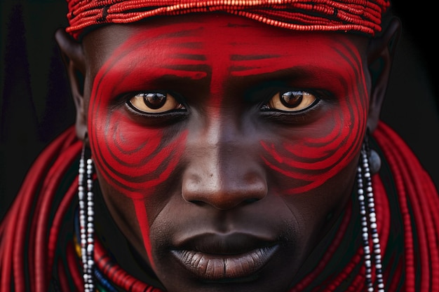 zbliżenie afrykańskiego Masaja ubranego w czerwony kombinezon