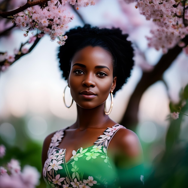 Zbliżenie afrykańskiej kobiety ubranej w czerń i biel z wiśniowymi drzewami