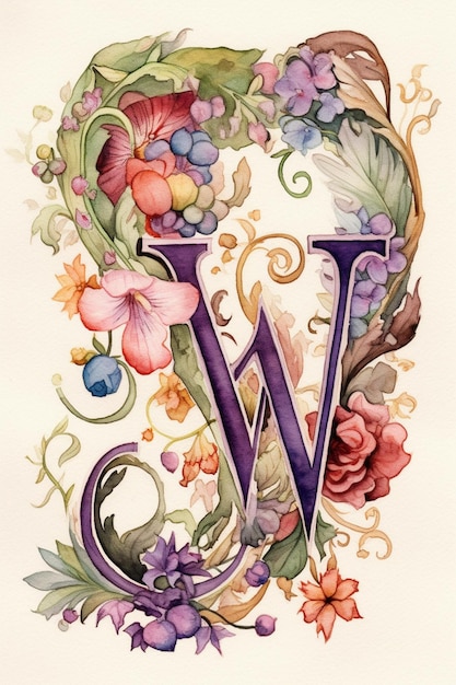 Zdjęcie zbliżenie akwarelowego obrazu litery w z kwiatami generatywne ai