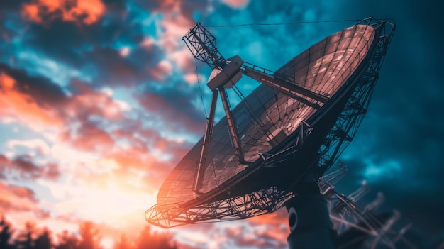 Zdjęcie zbliżenie anteny satelitarnej przekazującej sygnały do komunikacji bezprzewodowej umożliwiającej natychmiastową łączność i transfer danych na całym świecie
