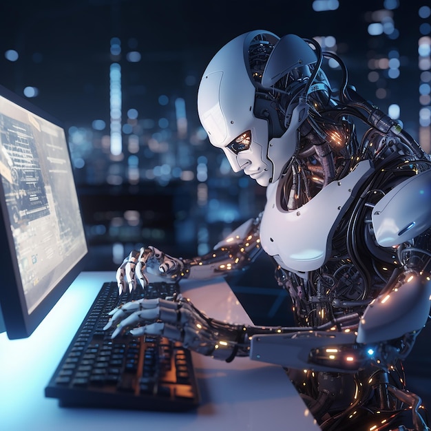 Zbliżenie antropomorficznego robota pracującego przy komputerze