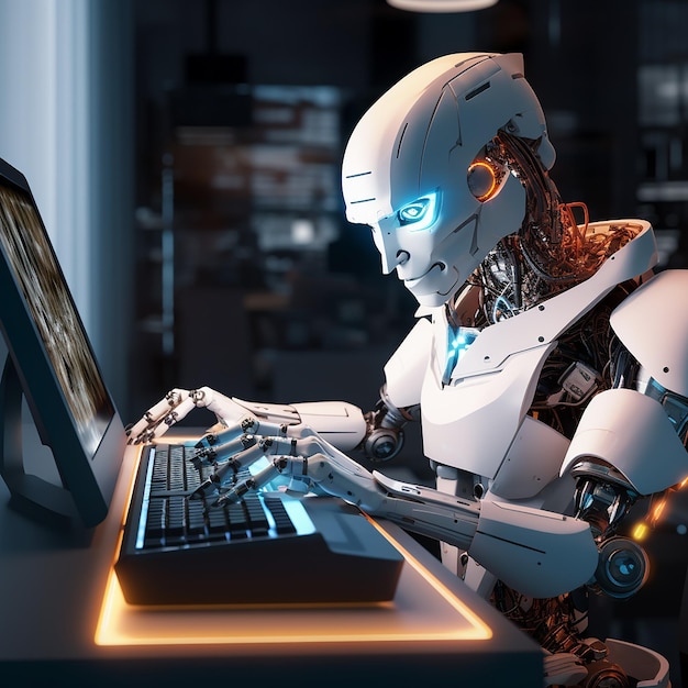 Zbliżenie antropomorficznego robota pracującego przy komputerze