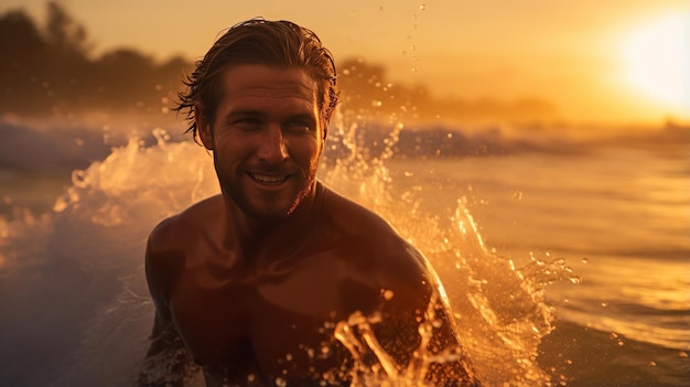 Zdjęcie zbliżenie atrakcyjnego mężczyzny pływającego w morzu w złotym ciepłym blasku zachodu słońca otoczonego morskim rozpryskiem