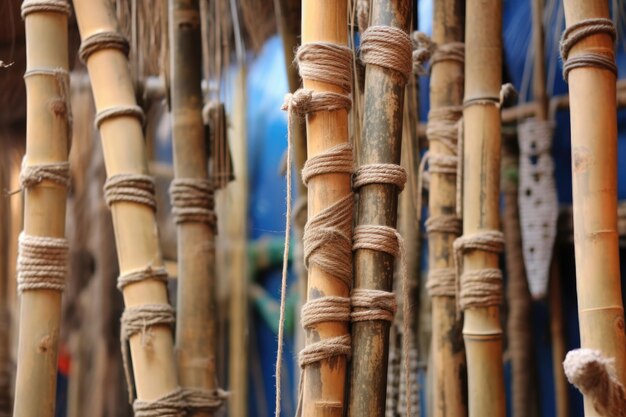 Zbliżenie bambusowych tyczek połączonych ze sobą linami utworzonymi za pomocą generatywnej sztucznej inteligencji