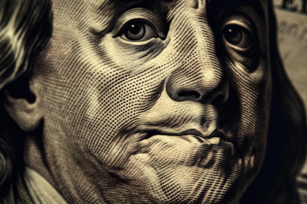 Zbliżenie banknotu dolarowego z generatywną sztuczną inteligencją twarzy mężczyzny