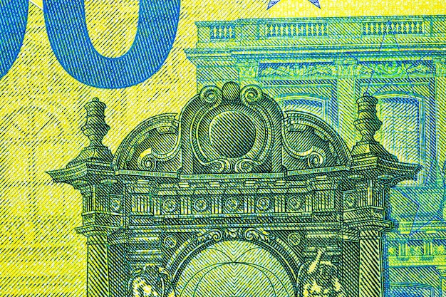 Zbliżenie banknotu EURO szczegółowo opisuje koncepcję światowej inflacji pieniądza i gospodarki