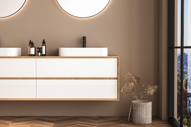 Zbliżenie białego zlewu z owalnym lustrem stojącym na beżowej drewnianej szafce z czarnym kranem w minimalistycznym renderowaniu 3d w łazience