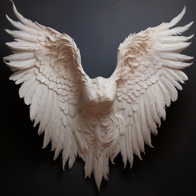 zbliżenie białej rzeźby ptaka z rozłożonymi skrzydłami