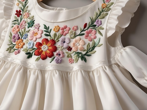 Zbliżenie białej sukienki dziecięcej z wykwintnym haftowaniem kwiatowym