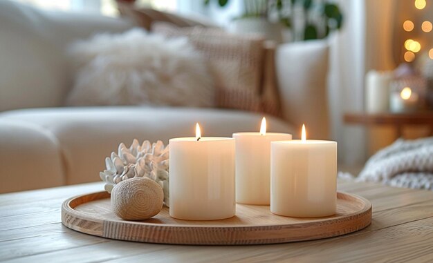 Zbliżenie białych świec na drewnianej tacce umieszczonej w salonie