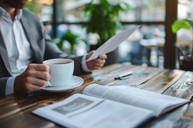 Zdjęcie zbliżenie biznesmena z filiżanką kawy i czytaniem gazety na biurku