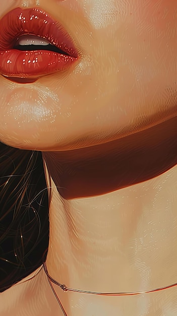 Zbliżenie błyszczących czerwonych ust z szczegółową teksturą Cyfrowy portret artystyczny z naszyjnikiem