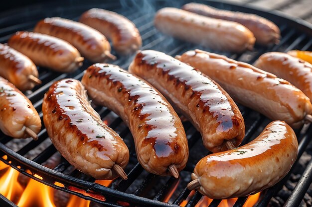 Zdjęcie zbliżenie bratwurst sizzling na grill generative ai