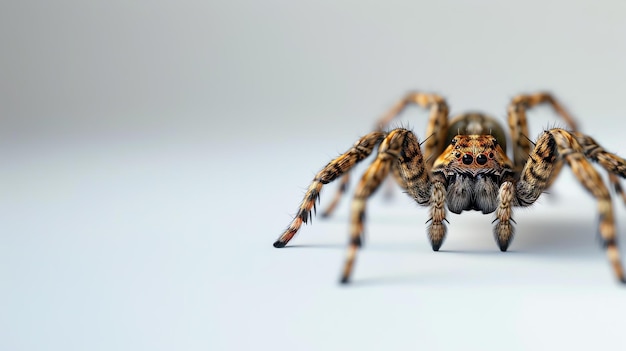 Zbliżenie brązowego owłosionego pająka na białym tle Pająk ma osiem nóg i dwa duże czarne oczy Patrzy na kamerę