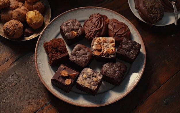 Zbliżenie brownie czekoladowe na tle kawiarni słodki deser piekarnia żywności ai generowane