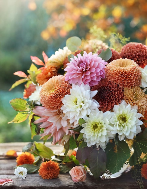 Zdjęcie zbliżenie bukietu ogrodu piękne jesienne kwiaty sezonowe dahlia hortensja kwiat mum