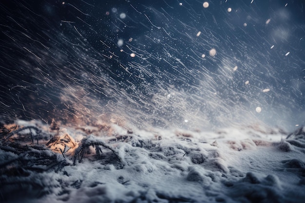 Zbliżenie burzy śnieżnej z wirującymi płatkami i dramatycznym oświetleniem