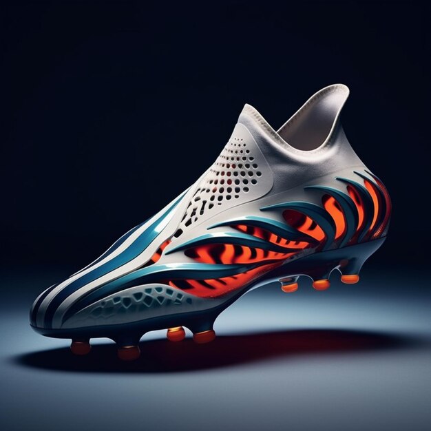 Zdjęcie zbliżenie buta piłkarskiego z wzorem rekina na podeszwie generatywnej ai