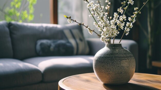 Zbliżenie ceramicznego wazonu z kwiatami na okrągłym stole kawowym na tle