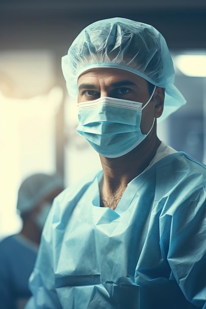 Zbliżenie chirurga z maską na twarzy Sterylny formularz medyczny Lekarz przed salą operacyjną