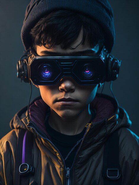 Zbliżenie chłopca noszącego ilustracje zestawu słuchawkowego VR w 4k cyberpunk