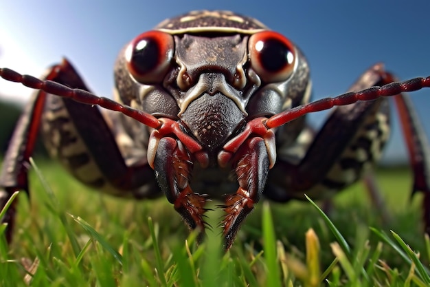Zdjęcie zbliżenie chrząszcza skarabeusza na zielonej trawie