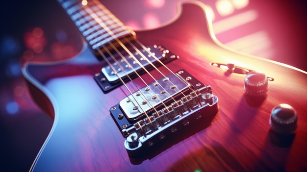 Zbliżenie ciała gitary elektrycznej pod kolorowym oświetleniem sceny