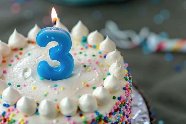 Zdjęcie zbliżenie ciasta urodzinowego z świecą numer 3 i kolorowymi posypkami