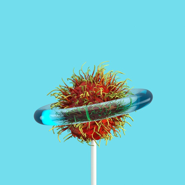Zdjęcie zbliżenie cukierka rambutan na niebieskim tle