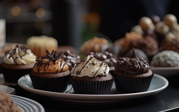 Zbliżenie cupcakes na kawiarni tle słodki deser piekarnia jedzenie ai generowane