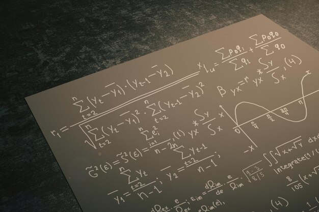 Zbliżenie Czarnego Arkusza Papieru Z Formułami Matematycznymi Umieszczonymi Na Ciemnym Biurku Koncepcja Naukowa Rendering 3d