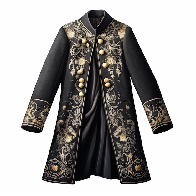 zbliżenie czarnego płaszcza z złotym haftowaniem i guzikami generatywny ai