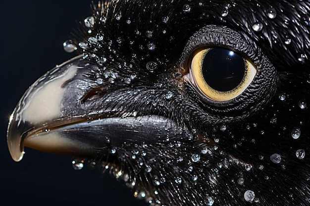 zbliżenie czarnego ptaka z żółtym okiem i czarnym tłem