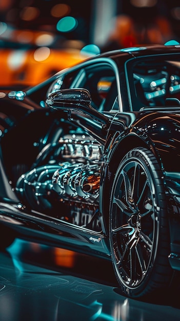 Zdjęcie zbliżenie czarnego samochodu sportowego na wystawie generatywnego ai