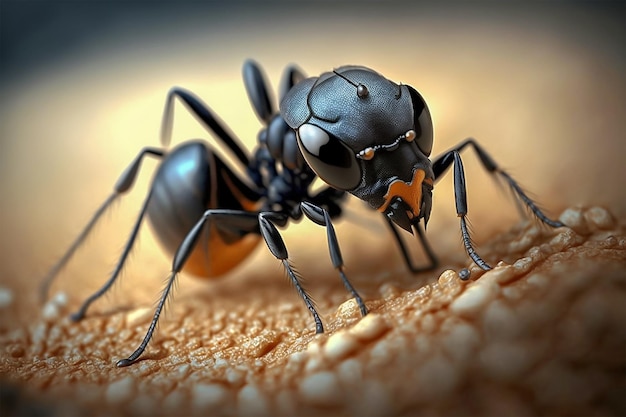 Zbliżenie czarnej mrówki na szorstkiej powierzchni otoczonej rozmytym środowiskiem