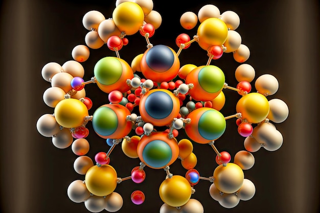 Zdjęcie zbliżenie cząsteczki z dwoma centrami otoczonymi małymi wielobarwnymi kulami