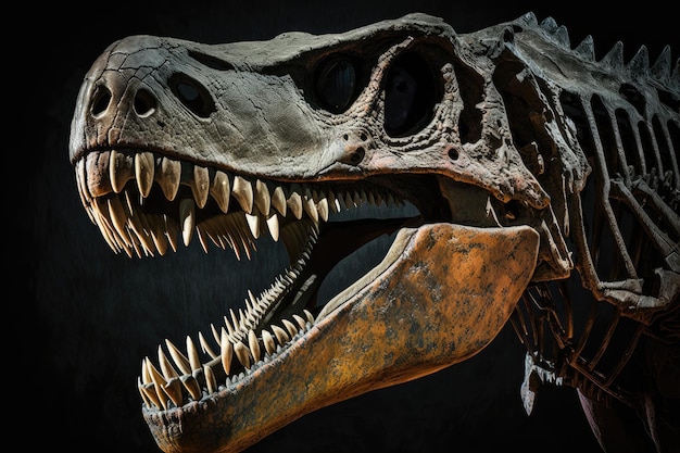 Zbliżenie czaszki dinozaura z przerażającymi zębami i szczękami w pełnym widoku