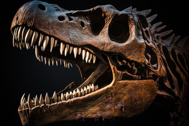 Zbliżenie czaszki dinozaura z przerażającymi zębami i szczękami w pełnym widoku