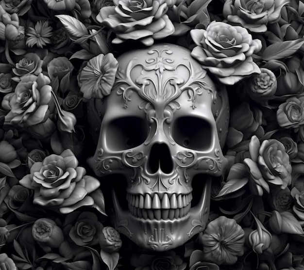 Zbliżenie czaszki otoczonej kwiatami i różami