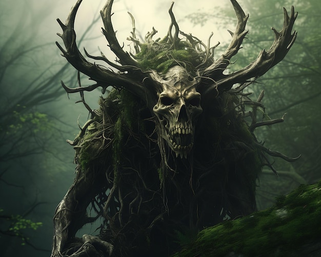 Zbliżenie czaszki przerażającego stworzenia z drzewami