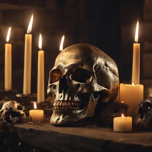 Zbliżenie czaszki z świecami