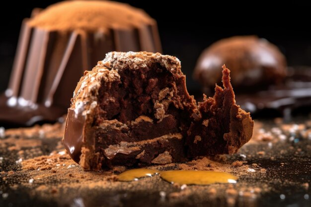 Zbliżenie czekoladowej trufli z wyciętym kęsem stworzone za pomocą generatywnego AI