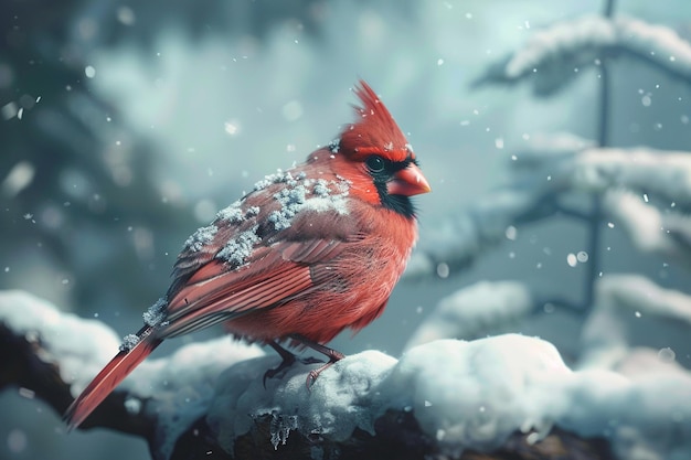Zbliżenie czerwonego kardynała siedzącego na pokrytym śniegiem