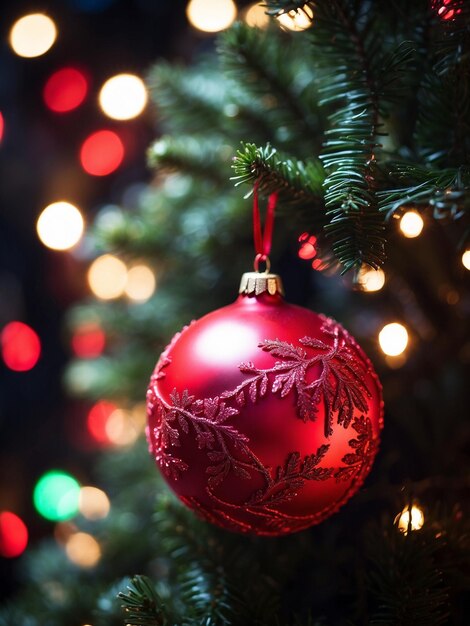 Zbliżenie czerwonej kulki świątecznej na drzewie