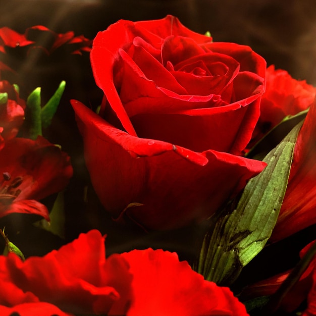 Zbliżenie czerwonej róży w bukietie