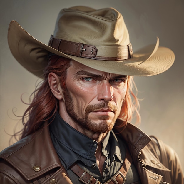 Zbliżenie czerwonowłosego mężczyzny w kapeluszu i czarnej koszuli z westernu Red Dead Redemption