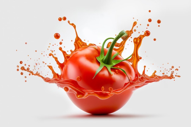 Zbliżenie czerwony pyszny świeży pomidor z zalewaniem sokiem pomidorowym na białym tle fotografii żywności