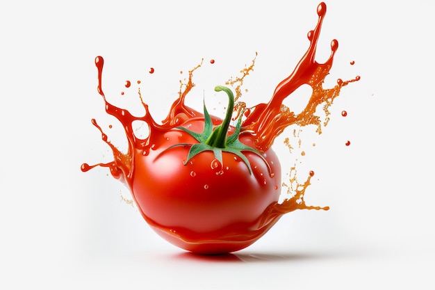 Zbliżenie czerwony pyszny świeży pomidor z zalewaniem sokiem pomidorowym na białym tle fotografii żywności