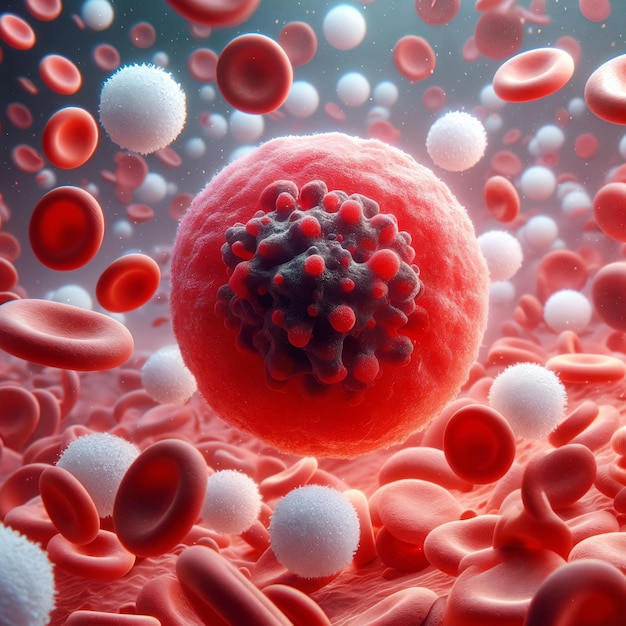 Zbliżenie czerwonych krwinek i cząstek wirusa